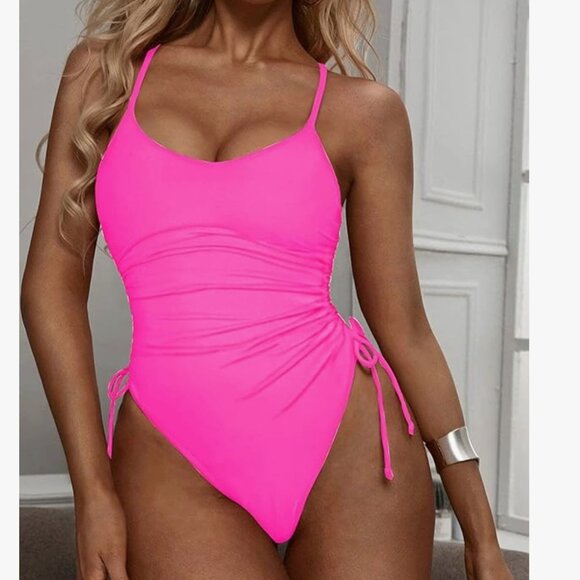 Hot Pink Drawstring Sides One Piece Swimsuit - Picture 2 of 4